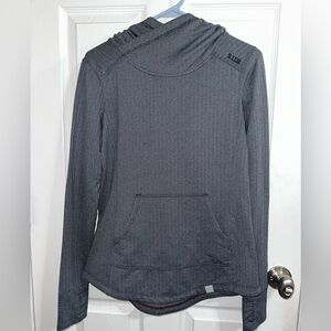 Women’s Small gray pullover with hood, long sleeves with thumb holes.